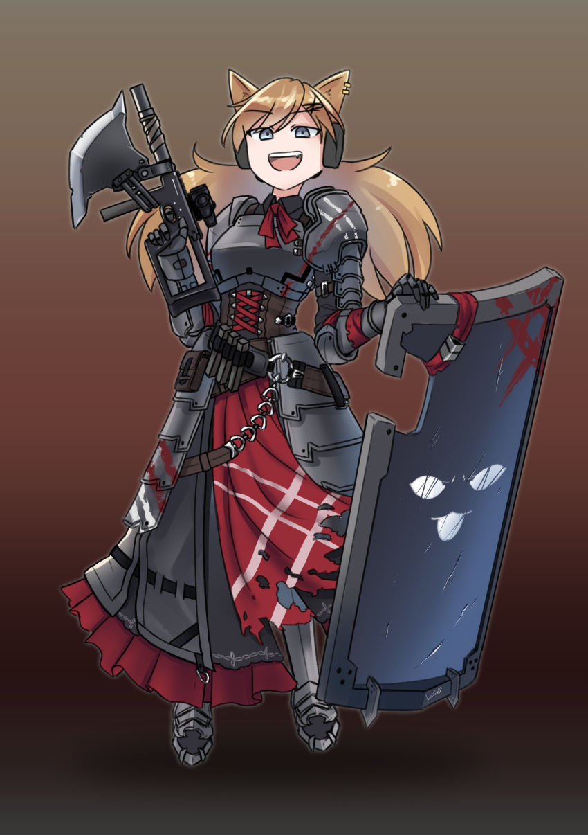 1girl absurdres animal_ears armor armored_dress axe bangs blonde_hair boots borrowed_garments brown_background bushman_idw cat_ears chain cosplay english_commentary full_body girls'_frontline gradient gradient_background grey_eyes gun headset highres idw_(girls'_frontline) long_hair open_mouth plate_armor red_neckwear shield shikikan_zoey solo spas-12_(goblin_huntress)_(girls'_frontline) spas-12_(goblin_huntress)_(girls'_frontline)_(cosplay) teeth upper_teeth weapon