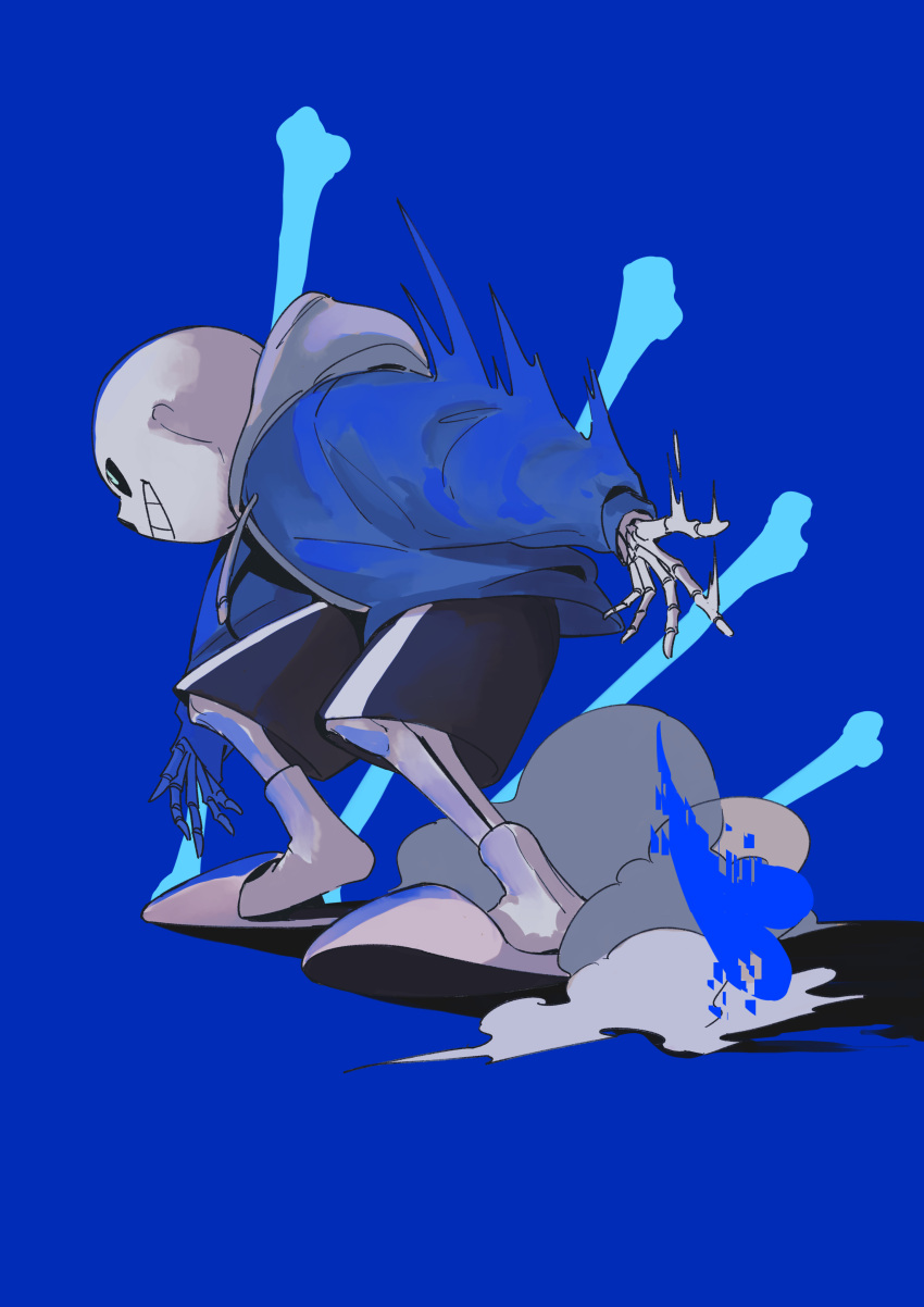 2021 absurd_res animated_skeleton biped black_bottomwear black_clothing black_shorts blue_background blue_clothing blue_jacket blue_topwear bone bottomwear clothing dust grin hi_res humanoid jacket male me_swsh not_furry sans_(undertale) shorts simple_background skeleton slippers smile solo standing topwear undead undertale_(series) white_body