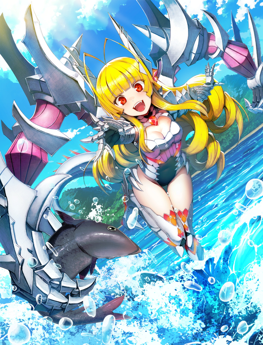 1girl absurdres animal antenna_hair bangs blonde_hair blunt_bangs boots breasts cleavage cloud covered_navel extra_arms eyebrows_visible_through_hair fang fantasia_re:build fish frederika_(hitsugi_no_chaika) highres hitsugi_no_chaika holding holding_animal holding_fish mecha_musume mechanical_arms medium_breasts official_art one-piece_swimsuit open_mouth red_eyes sky smile solo sunlight swimsuit thigh_boots thighhighs water