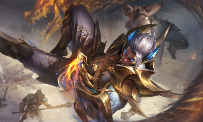 1boy abs arm_tattoo armor blue_eyes crop_top dragon flaming_hand gauntlets gloves glowing glowing_eyes grapp grapple grappling_hook helmet highres league_of_legends leg_armor loincloth male_focus maze muscular muscular_male obsidian_dragon_sett pants pectorals scar scar_on_face sett_(league_of_legends) shoes shoulder_armor tattoo thick_arms veins veiny_arms weapon white_hair xiao-guang_sun