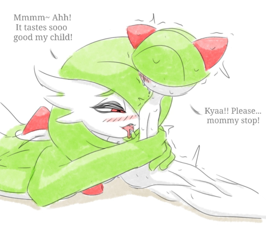 2_horns age_difference arms_at_sides blush bodily_fluids crying dialogue duo ejaculation erection female forced gardevoir green_body green_hair hair hair_over_eye holding_chest holding_partner horn humanoid incest_(lore) interspecies larger_female licking looking_at_genitalia looking_away lying male male/female nintendo older_female on_front one_eye_obstructed oral pok&eacute;mon pok&eacute;mon_(species) psycodraws ralts rape red_eyes shaking simple_background size_difference smaller_male standing sweat tears tongue tongue_out tremble_spikes video_games white_background white_body young younger_male
