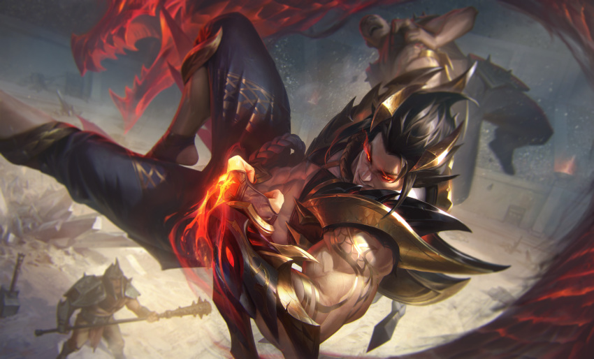 1boy abs absurdres arm_tattoo armor black_hair crop_top dragon flaming_hand gauntlets gloves glowing glowing_eyes grapp grapple grappling_hook helmet highres league_of_legends leg_armor loincloth male_focus maze muscular muscular_male obsidian_dragon_sett pants pectorals red_eyes scar scar_on_face sett_(league_of_legends) shoes shoulder_armor tattoo thick_arms veins veiny_arms weapon xiao-guang_sun