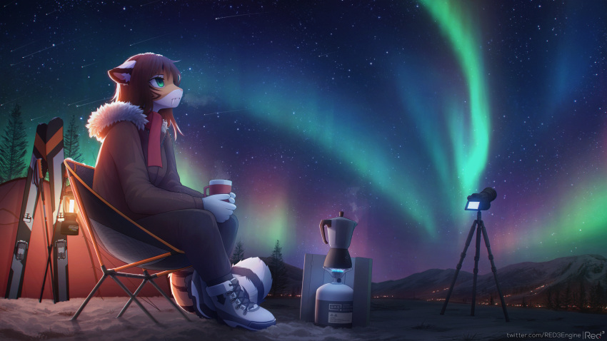 16:9 2021 absurd_res alex_marx anthro aurora_borealis chair clothed clothing coat container cup detailed_background digital_media_(artwork) fangs felid female footwear fully_clothed fur furniture green_eyes hi_res holding_cup holding_object light lighting machairodontine mammal night orange_body orange_fur outside pantherine red3engine sabertooth_(anatomy) shaded shoes signature sitting sky solo star starry_sky story story_at_source story_in_description text tiger topwear url white_body white_fur widescreen