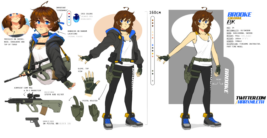 1girl absurdres ahoge ankle_boots arrow_(symbol) assault_rifle bandaid bandaid_on_cheek bandaid_on_face blue_eyes boots breasts brooke_(mathias_leth) brown_hair bullpup character_name character_profile character_sheet cleavage english_commentary english_text fingerless_gloves freckles glock_18c gloves green_gloves gun handgun highres holster holstered_weapon hood hood_down hooded_jacket jacket leggings mathias_leth medium_hair original pants pistol rifle sidelocks small_breasts steyr_aug tank_top thigh_holster tight tight_pants weapon