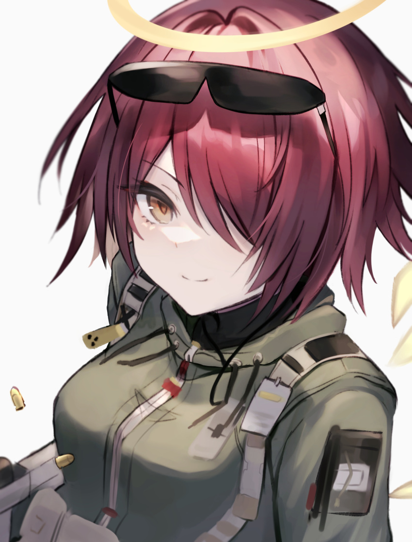 1girl absurdres arknights bangs breasts brown_eyes bullet closed_mouth diieru exusiai_(arknights) eyebrows_visible_through_hair eyewear_on_head green_jacket grey_background hair_over_one_eye halo highres jacket looking_at_viewer medium_breasts red_hair simple_background smile solo sunglasses upper_body