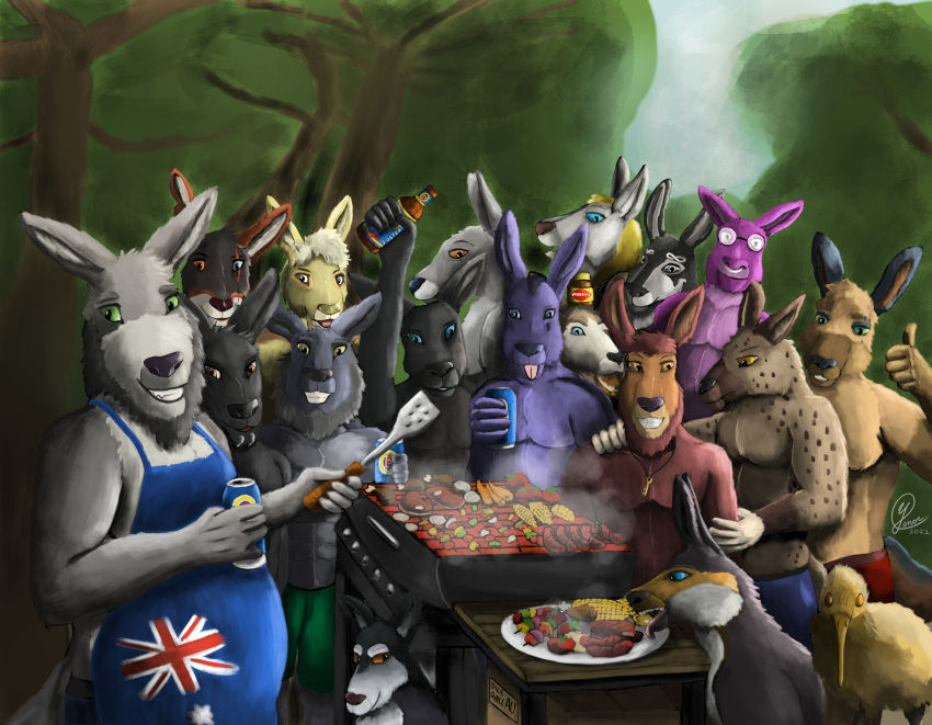 anthro australia bbq ceru_(artist) characters female food friends fur gathering grill group hex_(satanic-furry) hi_res invalid_background kangaroo karlos_(character) kiwi_(disambiguation) kontra macropod male mammal mangohyena markings marsupial mo_(momamo) multiple_(disambiguation) party sampsonwoof sepulte simple standing summer tterra wolfywetfurr yenoc yenocwolf