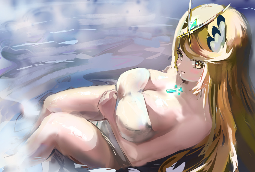 1girl absurdres ago_(owenanaken) bangs blonde_hair breasts chest_jewel cleavage highres large_breasts long_hair mythra_(xenoblade) naked_towel solo swept_bangs tiara towel very_long_hair water xenoblade_chronicles_(series) xenoblade_chronicles_2 yellow_eyes