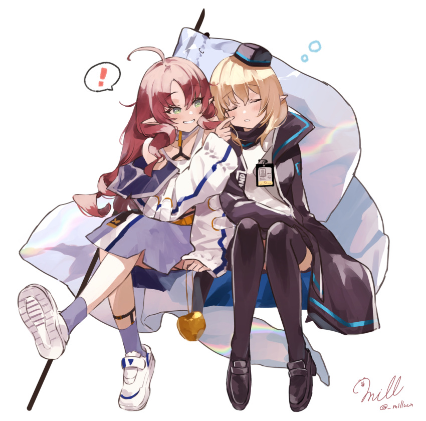 ! 2girls ahoge apple arknights black_footwear black_headwear black_legwear blonde_hair cheek_pinching commentary_request durin_(arknights) flag food fruit full_body golden_apple green_eyes grin hat highres invisible_chair long_hair looking_at_another medium_hair milluun multiple_girls myrtle_(arknights) parted_lips pinching pointy_ears red_hair shoes signature sitting sleeping sleeping_upright smile spoken_exclamation_mark thighhighs twitter_username white_background white_footwear