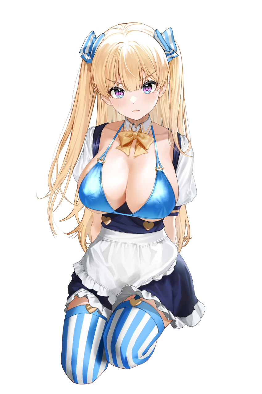 1girl absurdres apron arms_behind_back blonde_hair blue_bow blue_eyes blue_skirt bow breastless_clothes breasts chungu cleavage closed_mouth collarbone covered_nipples detached_collar detached_sleeves eyebrows_visible_through_hair eyelashes frilled_skirt frills frown garter_straps hair_between_eyes hair_ornament heart heart_o-ring highres large_breasts lina_(michihasu) long_hair looking_at_viewer maid_apron multicolored_eyes original pink_eyes seiza serious shadow simple_background sitting skirt solo striped striped_legwear thighhighs twintails v-shaped_eyebrows vertical-striped_legwear vertical_stripes white_background