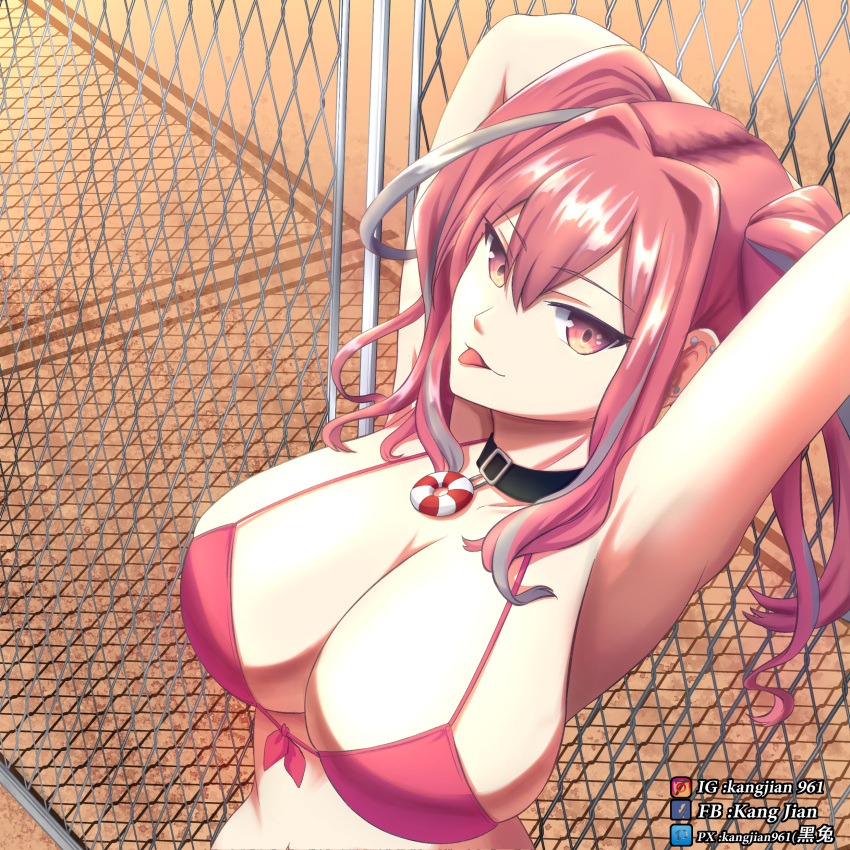 1girl :p absurdres arm_behind_head armpits arms_up azur_lane bangs bikini black_collar breasts bremerton_(azur_lane) chain-link_fence chinese_commentary collar commentary_request ear_piercing eyebrows_visible_through_hair facebook_logo facebook_username fence from_above front-tie_bikini front-tie_top grey_hair hair_between_eyes hair_intakes highres instagram_logo instagram_username kang_jian large_breasts lifebuoy_ornament long_hair looking_at_viewer midriff mixed-language_commentary multicolored_hair navel no_jacket no_mole piercing pink_bikini pink_eyes pink_hair pixiv_logo pixiv_username shadow sidelocks smile solo standing streaked_hair stretch swimsuit tongue tongue_out twintails two-tone_hair two-tone_shirt upper_body watermark