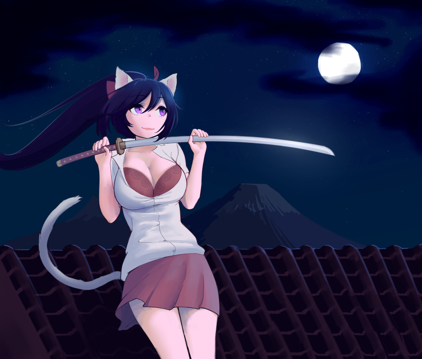 1girl :3 absurdres animal_ears blue_hair bow bra breasts burunpuku cat_ears cat_girl cat_tail cleavage closed_mouth commentary_request hair_bow highres holding holding_sword holding_weapon katana large_breasts lingerie long_hair looking_to_the_side moon night noihara_himari omamori_himari open_clothes ponytail purple_eyes shirt skirt smile solo sword tail underwear weapon white_shirt