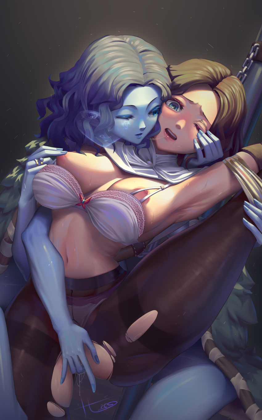 2girls absurdres after_kiss armpits blue_eyes blue_hair blue_nails blue_skin bra breasts brown_hair cloak colored_skin elden_ring extra_ears extra_faces fingering fingernails fur_cloak h.an_(516635864) highres jewelry large_breasts lips melina_(elden_ring) multiple_girls nail_polish navel nipple_tweak one_eye_closed open_mouth pantyhose pussy_juice ranni_the_witch restrained ring saliva saliva_trail signature sweat torn_clothes torn_legwear underwear white_bra yuri