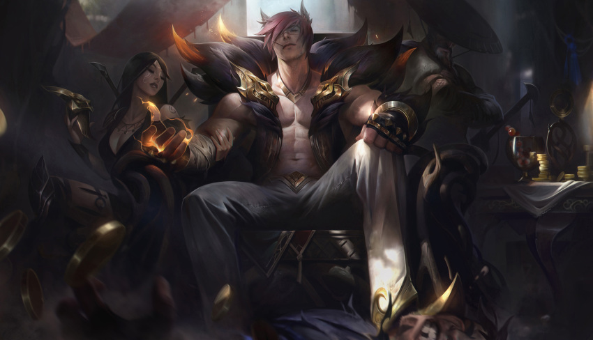 1girl 2boys abs absurdres alex_flores animal_ears bandages bare_pectorals beard biceps black_hair brass_knuckles breasts building cat_ears chair chinese_hat cleavage clenched_hand closed_eyes collar crossed_arms dark dress facial_hair gauntlets glass gloves glowing glowing_hand highres jacket knee_pads league_of_legends long_hair looking_at_viewer male_focus manly money multiple_boys muscular muscular_male navel official_art old old_man open_clothes open_jacket pants pectorals red_eyes red_hair scar scar_on_face sett_(league_of_legends) shoes sitting sleeveless spread_legs sword tattoo thick_arms weapon