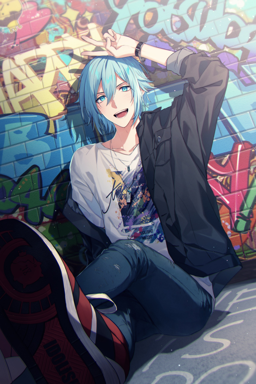 1boy absurdres aiue_o_eiua arm_up black_shirt blue_eyes blue_hair brick_wall chromatic_aberration commentary_request denim foreshortening graffiti highres idolish_7 jeans jewelry long_sleeves looking_at_viewer male_focus necklace open_clothes open_mouth open_shirt outdoors pants red_footwear shirt shoes short_hair smile sneakers solo t-shirt tag teeth tongue v watch white_shirt wristwatch yotsuba_tamaki