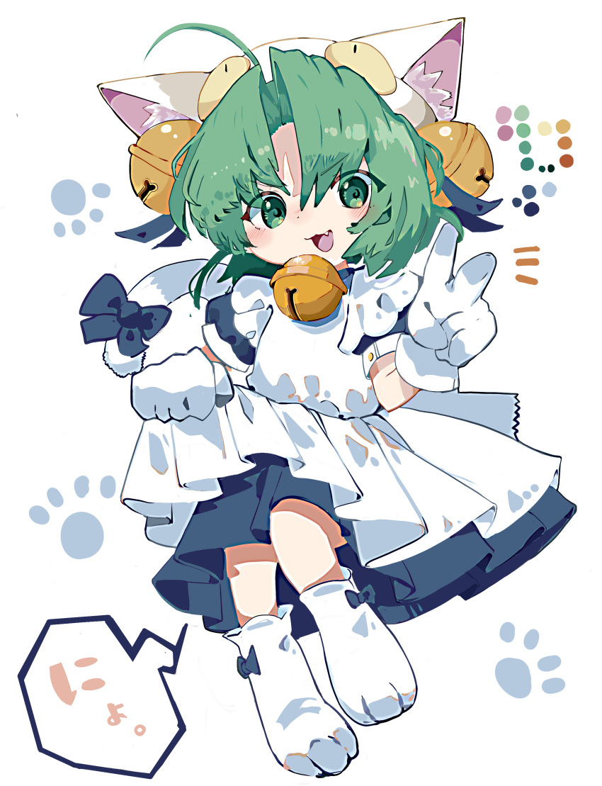 1girl absurdres ahoge animal_ear_fluff animal_ears bell blue_bow blush bow cat_tail color_guide dejiko di_gi_charat eyebrows_visible_through_hair eyes_visible_through_hair fang gloves green_eyes green_hair hat hat_bell highres maid medium_hair neck_bell open_mouth paw_print paw_print_background ryu_(17569823) simple_background solo speech_bubble tail tail_bow tail_ornament tongue v white_background white_gloves white_headwear