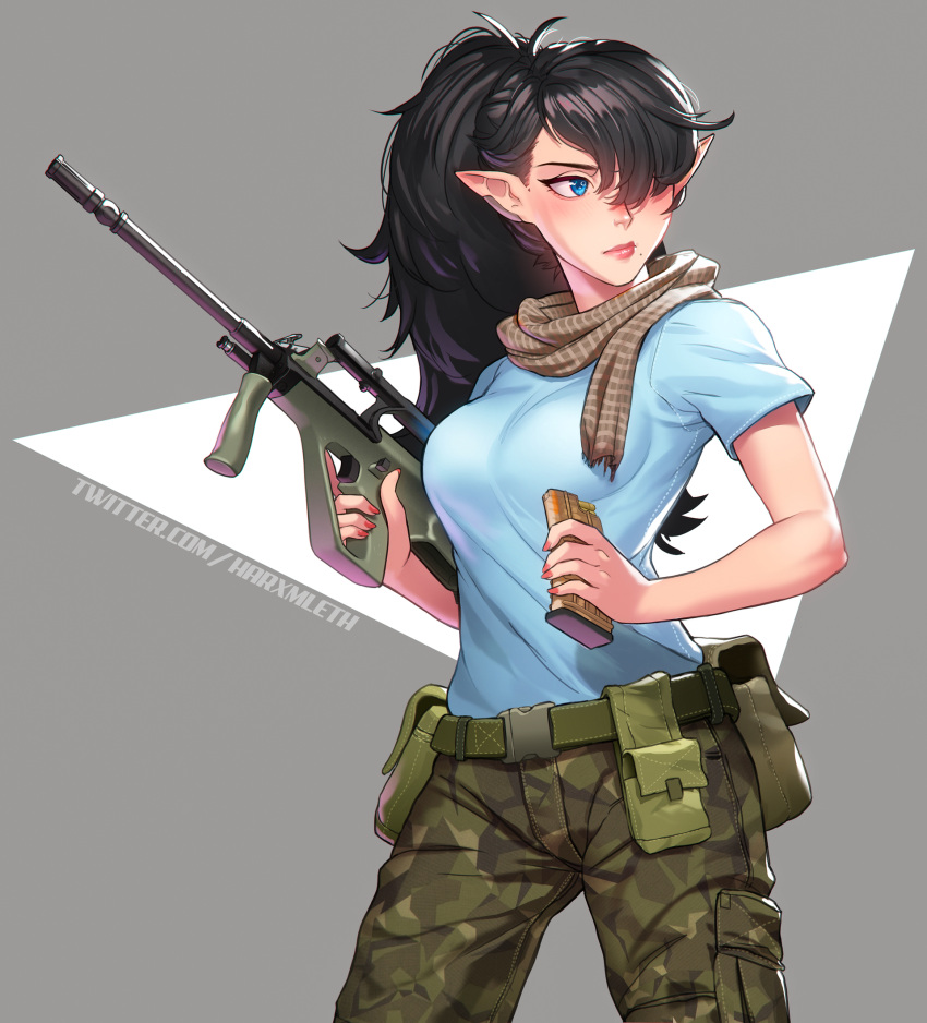 1girl assault_rifle avatar_(ff14) belt_pouch black_hair blue_eyes blue_shirt borrowed_character breasts brooke_(mathias_leth) brooke_(mathias_leth)_(cosplay) bullpup camouflage camouflage_pants cargo_pants cosplay crow_(cascanor) elezen elf english_commentary final_fantasy final_fantasy_xiv fingernails gift_art gun hair_over_one_eye highres holding holding_gun holding_weapon long_hair magazine_(weapon) mathias_leth medium_breasts mole mole_under_mouth nail_polish original pants pointy_ears ponytail pouch red_nails reloading rifle scarf shirt solo steyr_aug t-shirt taut_clothes taut_shirt trigger_discipline weapon
