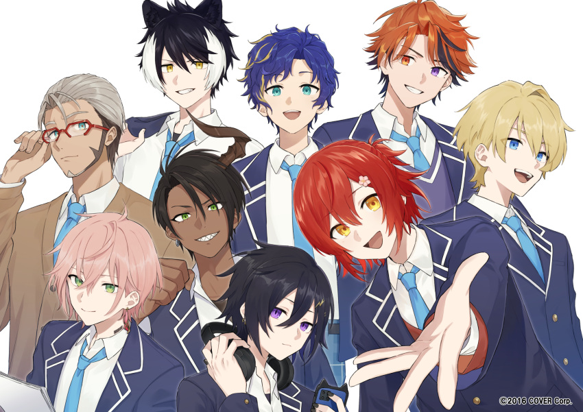 6+boys :d ahoge animal_ears aqua_eyes aragami_oga arurandeisu astel_leda bangs barcode barcode_tattoo beard beckoning black_hair black_nails black_undershirt blazer blonde_hair blue_eyes blue_hair blue_jacket blue_necktie cardigan clenched_hand collared_shirt copyright dark-skinned_male dark_skin earrings facial_hair flower green_eyes grey_hair grin hair_between_eyes hair_flower hair_ornament hair_slicked_back hairclip half_updo hanasaki_miyabi hand_on_eyewear headphones headphones_around_neck heterochromia highres holding holding_headphones holding_paper holding_phone holostars horns jackal_ears jacket jacket_over_shoulder jacket_removed jewelry kageyama_shien kanade_izuru kishido_temma light_smile lightning_bolt_hair_ornament lightning_bolt_symbol looking_at_viewer male_focus mole mole_under_eye multicolored_hair multiple_boys necktie official_art open_collar open_mouth orange_eyes orange_hair outstretched_hand pale_skin paper parted_bangs phone pink_hair purple_eyes red_hair rikka_(holostars) rozu_ki school_uniform sharp_teeth shirt single_earring single_horn smile streaked_hair sweater_vest swept_bangs tattoo teeth upper_body upper_teeth v-shaped_eyebrows white_background white_hair white_shirt yellow_eyes yukoku_roberu