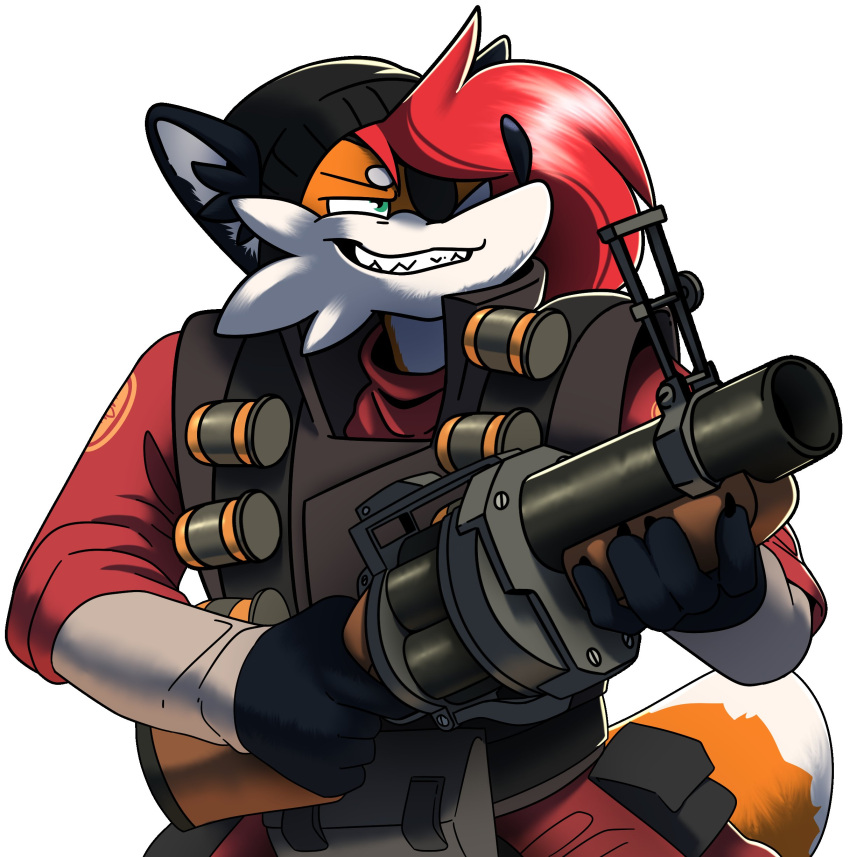 absurd_res anthro armor canid canine clothing demoman_(team_fortress_2) explosives eye_patch eyewear female fox grenade grenade_launcher grin headgear headwear hi_res mammal pepper_(sketchytoasty) ranged_weapon shirt simple_background sketchytoasty smile solo team_fortress_2 topwear uniform valve video_games weapon