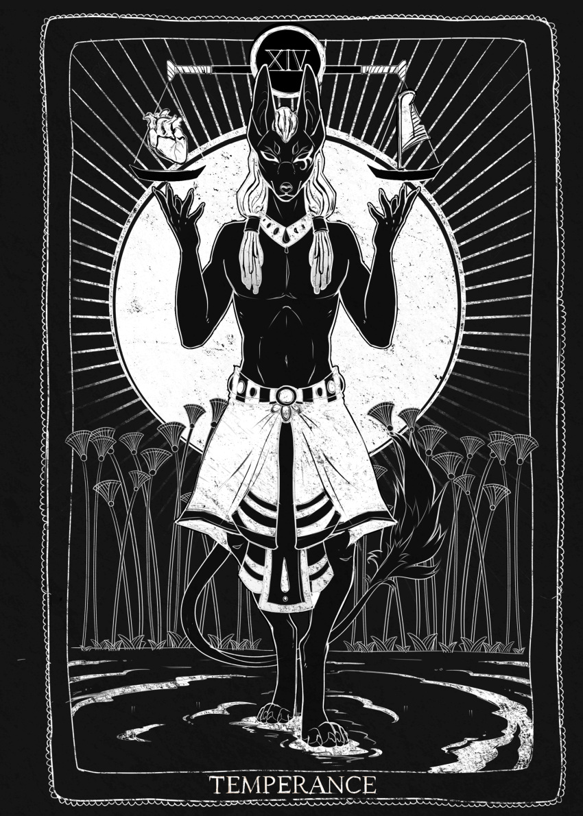 anthro anubian_jackal big_ears black_body bottomwear canid canine canis canis_infernalis card clothed clothing collar dreadlocks egyptian eye_markings feathers greyscale heart_(organ) hi_res jackal loincloth male mammal markings monochrome neckwear organs shado_(shadoclawx) solo tail_tuft tarot_card tuft weighing_scale