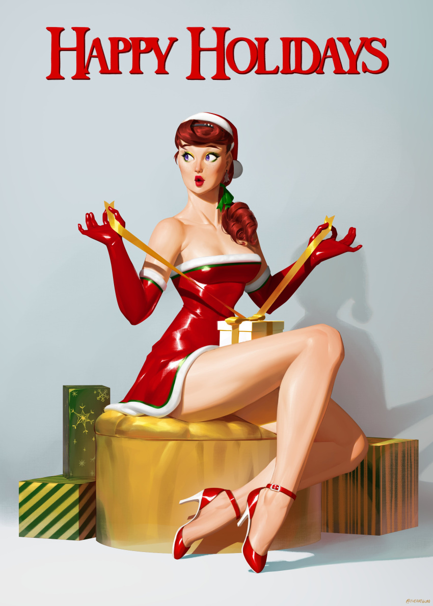 1950s_(style) 1girl absurdres bare_legs box breasts brown_hair carolynne_d'azur christmas cleavage collarbone dress drill_hair earrings elbow_gloves english_commentary eyeshadow full_body gift gift_art gift_box gloves green_eyeshadow hair_ornament hair_over_shoulder hair_ribbon hairclip happy_holidays hat high_heels highres jewelry latex latex_dress latex_gloves lipstick long_legs looking_away makeup medium_hair multicolored_footwear original pinup_(style) puckered_lips purple_eyes red_dress red_footwear red_gloves red_lips ribbon santa_hat short_dress sitting small_breasts solo theartgun white_footwear