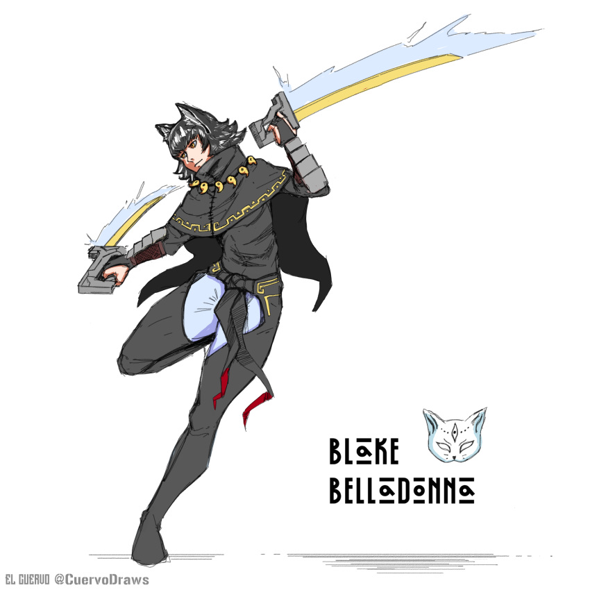 animal_ears black_hair blake_belladonna bracer cat_ears cat_mask cloak dual_wielding el_cuervo highres holding magatama magatama_necklace mask multiple_swords rwby short_hair sword tribal_print weapon white_background