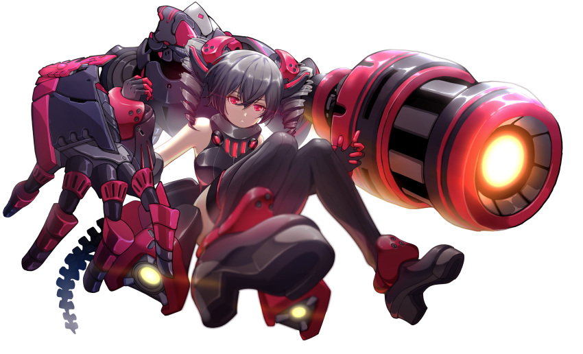 1girl absurdres bangs bare_shoulders black_footwear black_leotard boots bronya_zaychik bronya_zaychik_(black_nucleus) cannon closed_mouth drill_hair full_body glowing glowing_eyes grey_hair hair_ornament highres honkai_(series) honkai_impact_3rd leotard luozi_roko project_bunny red_eyes simple_background thigh_boots thighhighs twin_drills white_background