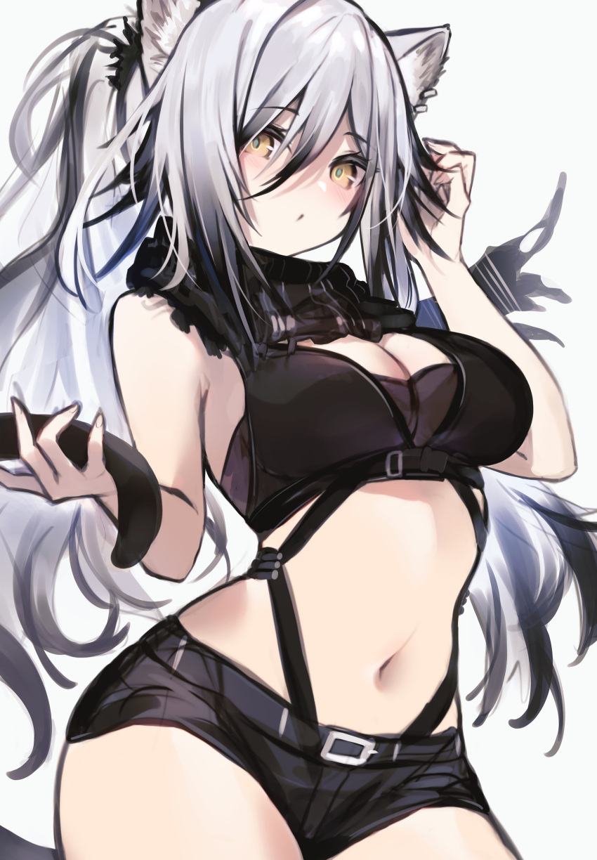 absurdres animal_ear_fluff animal_ears arknights bare_arms bare_shoulders black_hair black_scarf black_shorts breasts character_request cleavage diieru ear_piercing grey_background grey_hair highres long_hair looking_at_viewer medium_breasts multicolored_hair navel piercing scarf short_shorts shorts simple_background streaked_hair tail torn_scarf very_long_hair