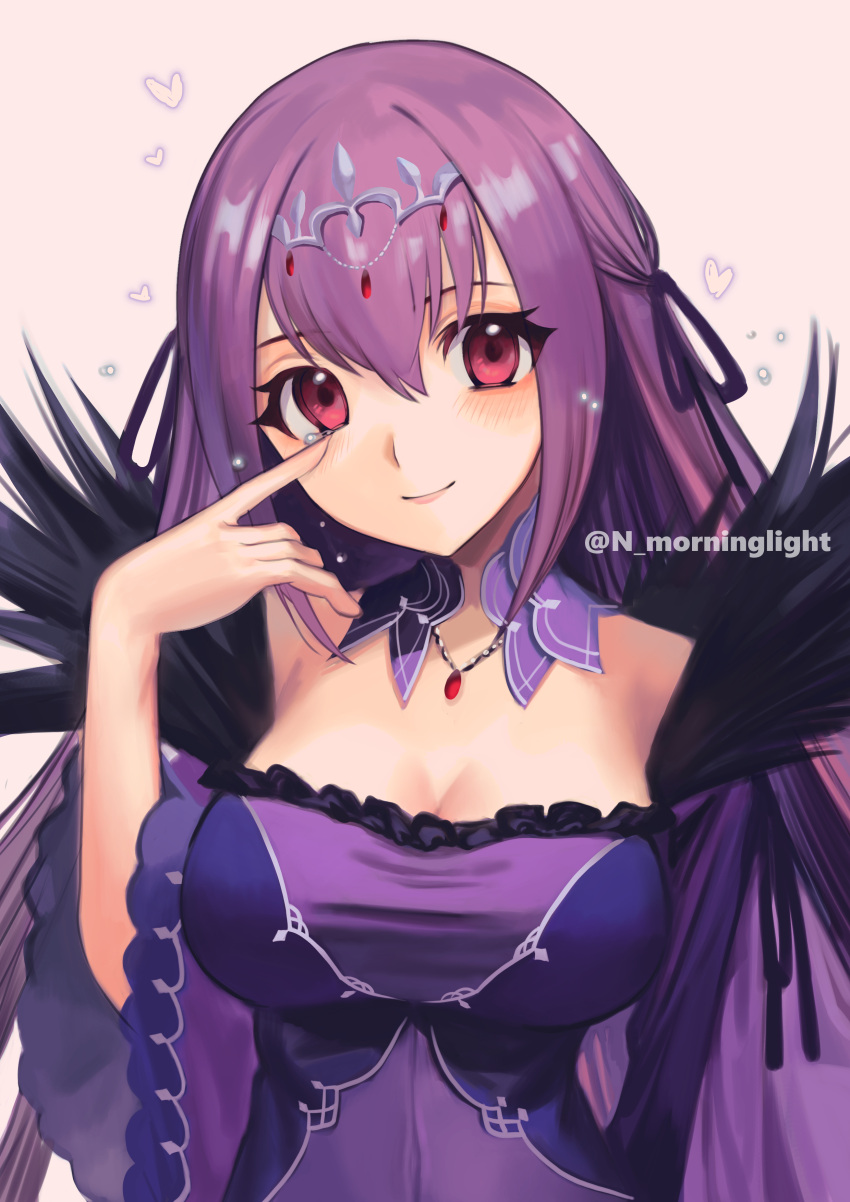 1girl absurdres asakou_(n_morninglight) bangs bare_shoulders breasts cleavage detached_collar dress fate/grand_order fate_(series) feather_trim hair_between_eyes highres jewelry large_breasts long_hair long_sleeves looking_at_viewer pendant purple_dress purple_hair red_eyes scathach_(fate) scathach_skadi_(fate) smile solo tiara