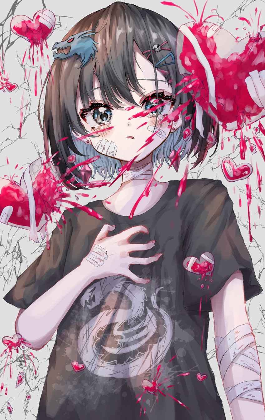 1girl absurdres bandages bandaid black_hair black_shirt blue_eyes broken commentary_request dragon_print hair_ornament hairclip hand_on_own_chest heart heart_container highres kayon_(touzoku) looking_at_viewer medium_hair original shirt short_sleeves skull_hair_ornament solo spill tears upper_body