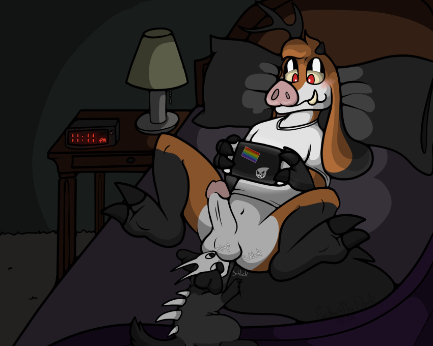 anal anthro anthro_on_feral bed bestiality bones_(furtherafterdark) canid canine casual_sex chimera clothed clothing duo duo_focus erection feral floppy_ears furniture furtherafterdark game_console genitals group hi_res humanoid_genitalia humanoid_penis licking lying male male/male mammal nintendo nintendo_switch on_back onomatopoeia oral partially_clothed penis pig_nose rimming sawyer_(furtherafterdark) sex skulldog_(species) sound_effects spread_legs spreading switch_console text tongue tongue_out tusks video_games