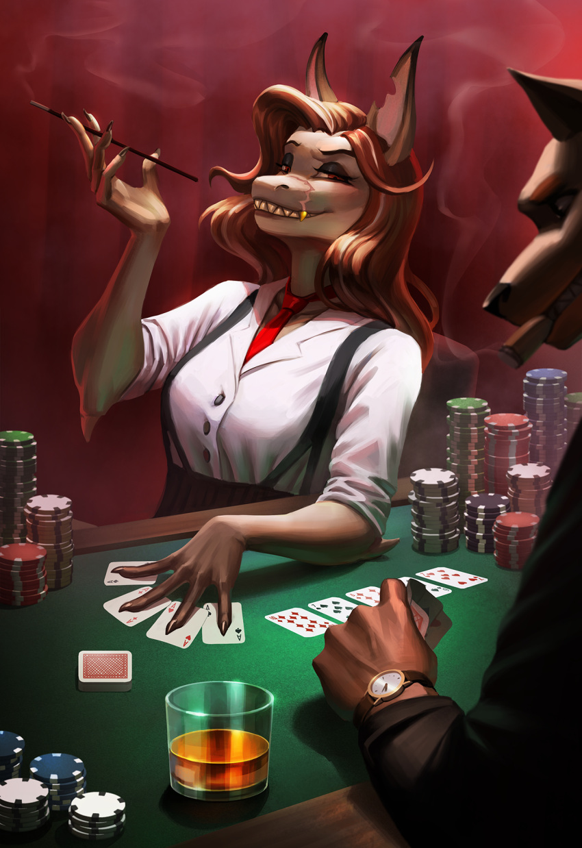 2022 5_fingers alcohol anthro beverage brown_hair card card_deck card_game cigar cigarette cigarette_holder clock clothed clothing duo eyelashes eyeshadow female fingers fish flessia fully_clothed gaming glass gold_(metal) gold_tooth hair half-closed_eyes hi_res holding_object long_hair makeup male marine narrowed_eyes necktie notched_ear poker poker_chip poker_table scar shark sharp_teeth shirt smile smoke smoking suit_symbol suspenders teeth topwear watch wristwatch