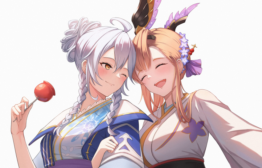 2girls absurdres ahoge blush braid brown_hair candy_apple closed_eyes commentary_request flower food granblue_fantasy hair_bun hair_flower hair_ornament hairband highres holding_another's_arm japanese_clothes kimono long_hair multiple_girls one_eye_closed open_mouth sidelocks silva_(granblue_fantasy) silver_hair simple_background smile tweyen_(granblue_fantasy) twin_braids user_bhz6684 yellow_eyes yukata yuri