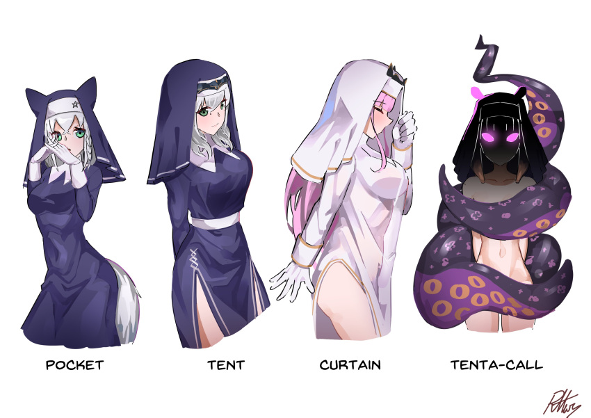 absurdres animal_ears bangs blunt_bangs breasts curtain_call_challenge dress fox_ears fox_girl fox_tail gloves habit highres hololive hololive_english large_breasts long_hair long_sleeves mori_calliope multicolored_hair multiple_girls ninomae_ina'nis nude nun open_mouth pointy_ears purple_hair radical_highway shirakami_fubuki shirogane_noel side_slit silver_hair tail tentacle_clothes tentacle_hair tentacles virtual_youtuber