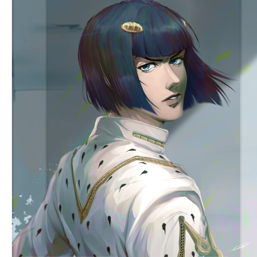 1boy black_hair blue_eyes bob_cut bruno_buccellati from_behind hair_ornament hairclip highres hospital_0434 jojo_no_kimyou_na_bouken looking_back male_focus realistic solo vento_aureo zipper zipper_pull_tab