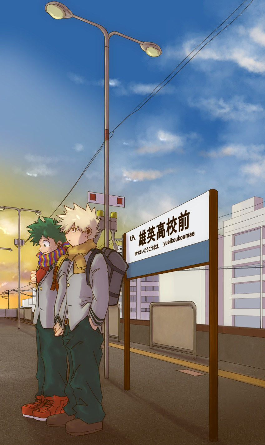 2boys backpack bag bakugou_katsuki blazer blonde_hair boku_no_hero_academia brown_footwear building freckles green_eyes green_hair green_pants highres holding_hands jacket lamppost male_focus midoriya_izuku multicolored_clothes multicolored_scarf multiple_boys necktie no_control pants power_lines red_eyes red_footwear red_necktie scarf school_uniform sign sky spiked_hair u.a._school_uniform yaoi yellow_scarf