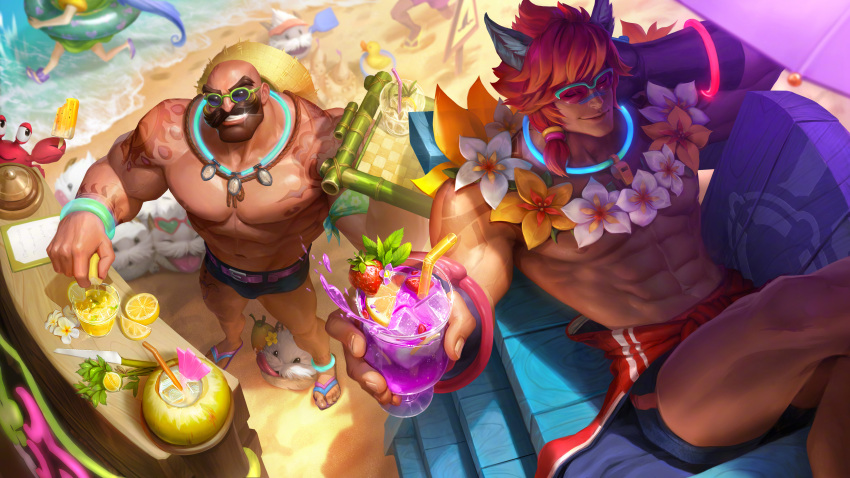 2boys abs absurdres animal_ears anklet arm_tattoo armband bar beach beard biceps bracelet braum_(league_of_legends) cat_ears closed_eyes coconut collar crab crossed_legs drink drinking_straw elbow_gloves facial_hair flower flower_collar food fruit glasses gloves highres ina_wong jewelry knife large_pectorals league_of_legends lemon lemon_slice lifeguard lifeguard_chair male_focus male_swimwear manly mature_male multiple_boys muscular muscular_male mustache navel ocean official_art pectorals pool_party_braum pool_party_sett pool_party_zoe popsicle poro_(league_of_legends) red_eyes sand sandals sett_(league_of_legends) sitting skirt smile strawberry swim_briefs tattoo thick_arms thick_eyebrows thick_thighs thighs topless topless_male visor_cap whistle whistle_around_neck