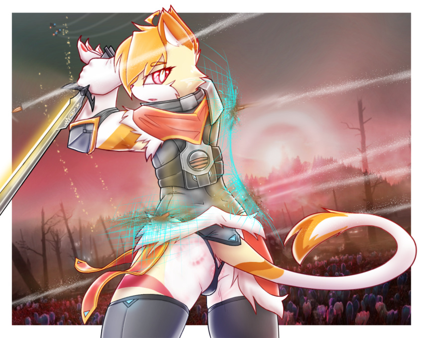 action_pose action_scene anthro armor barrier bite_mark blonde_hair bullet butt clothed clothing detailed_background domestic_cat felid feline felis fur hair hi_res legwear leotard male mammal melee_weapon pose rear_view red_eyes shaded solo stockings sword talia_(tasticstarlight) tasticstarlight weapon