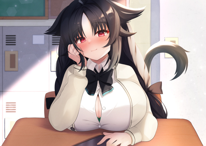 1girl absurdres animal_ears azur_lane black_bow black_bowtie black_hair blush bow bowtie breast_rest breasts button_gap cat_ears cat_tail cleavage closed_mouth collared_shirt desk head_rest head_tilt highres huge_breasts indoors light_smile locker long_hair long_sleeves looking_at_viewer ooshio_(azur_lane) red_eyes school_desk shirt solo sumisumi4268 tail upper_body white_shirt wing_collar