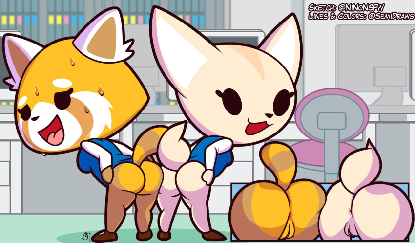 aggressive_retsuko ailurid anthro anus ass_to_ass bodily_fluids breasts canid canine clothed clothing female fennec fenneko fox genitals hi_res looking_at_viewer looking_back looking_back_at_viewer mammal no_underwear pussy red_panda retsuko sanrio semirulalmite sweat take_your_pick