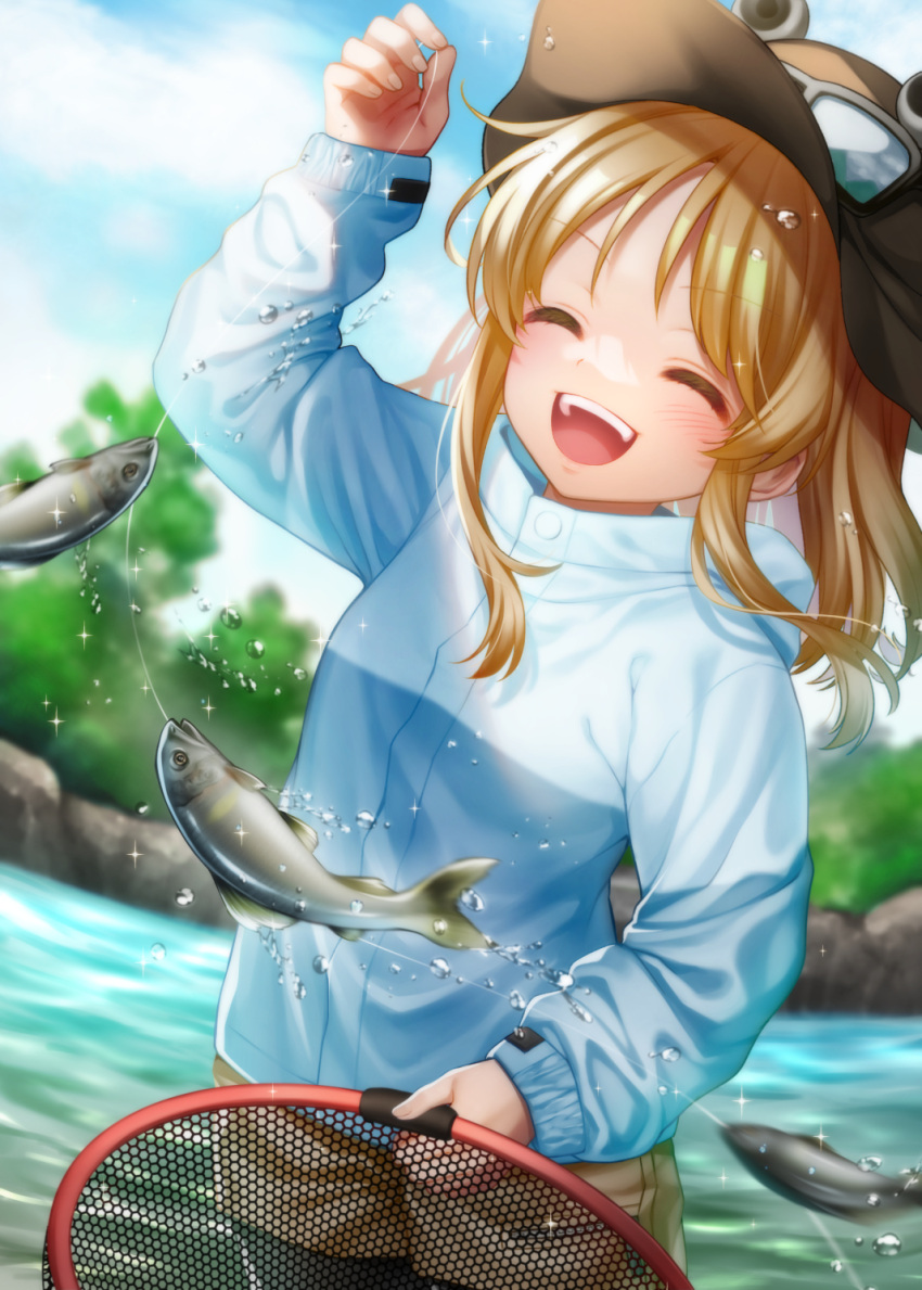 1girl blonde_hair blush closed_eyes fish fishing fishing_net forest frog_hat goggles goggles_on_headwear highres jacket moriya_suwako nature nora_wanko open_mouth outdoors short_shorts shorts touhou water