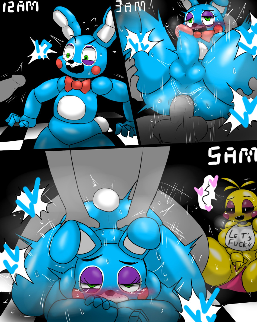 ?! absurd_res anal anal_penetration animatronic anthro anthro_penetrated balls blush doggystyle duo_focus english_text enigi09 erection female five_nights_at_freddy's five_nights_at_freddy's_2 from_behind_position genitals group hi_res hour human human_on_anthro human_penetrating human_penetrating_anthro humanoid_genitalia humanoid_penis interspecies lagomorph leporid looking_at_genitalia looking_at_penis machine male male/male male_penetrated male_penetrating male_penetrating_male mammal masturbation penetration penile penile_penetration penis penis_in_ass rabbit robot scottgames sex text toy_bonnie_(fnaf) toy_chica_(fnaf) vaginal vaginal_masturbation video_games