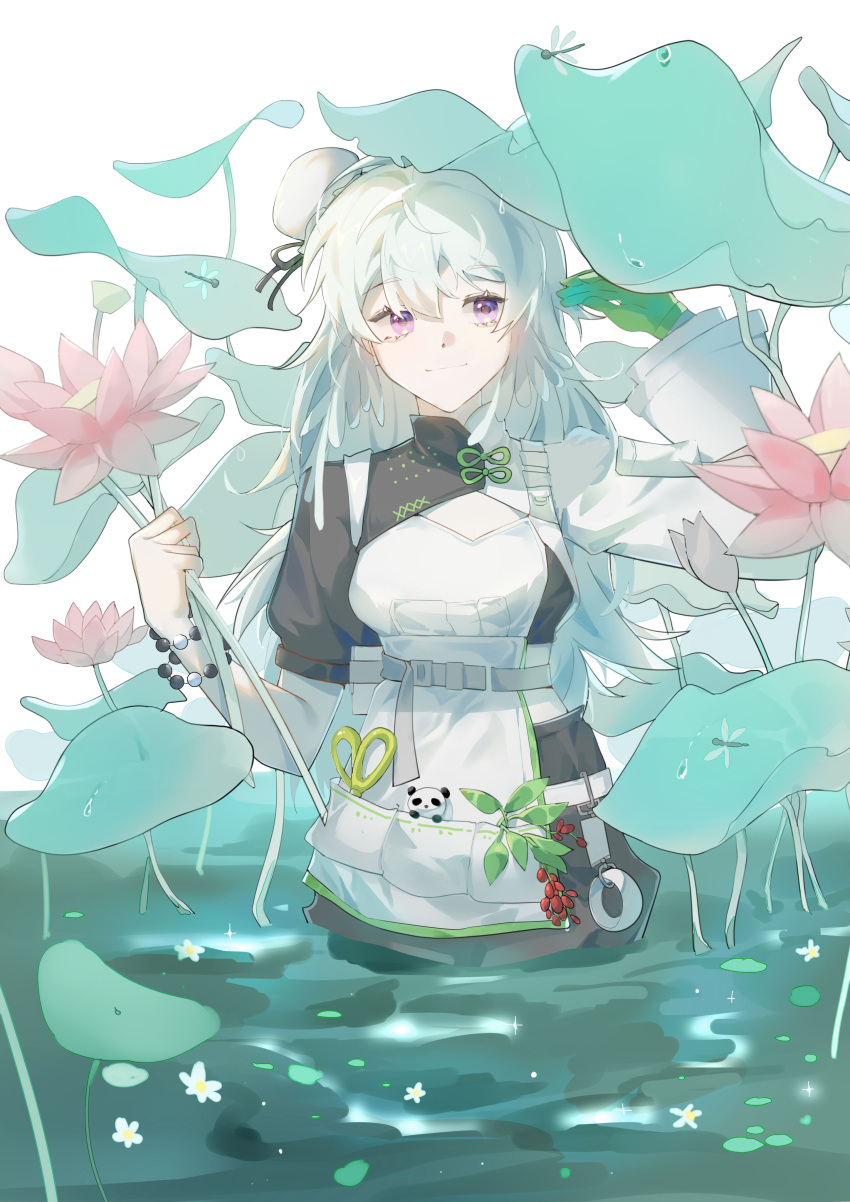 1girl absurdres arknights asymmetrical_clothes bangs belt bracelet breasts bug bun_cover closed_mouth dragonfly eyebrows_visible_through_hair flower gloves green_gloves hebulili highres jewelry long_hair long_sleeves looking_at_viewer medium_breasts mulberry_(arknights) mulberry_(plant_crude_drug)_(arknights) official_alternate_costume pink_flower plant purple_eyes scissors short_sleeves silver_hair simple_background single_glove smile solo stuffed_animal stuffed_panda stuffed_toy very_long_hair wading water white_background