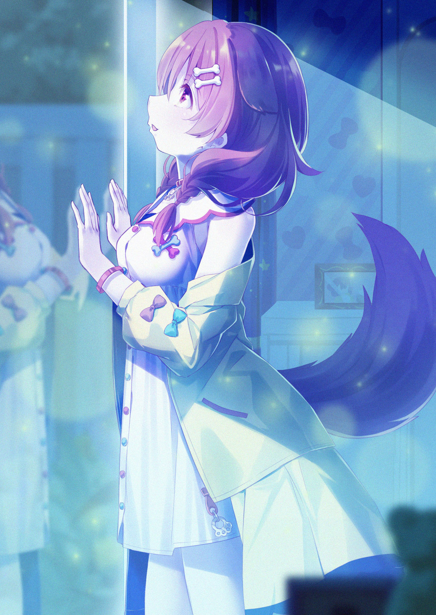 1girl 54hao animal_ears bangs bare_shoulders blue_bow blush bone_hair_ornament bow breasts brown_hair cartoon_bone dog_ears dog_girl dog_tail dress eyebrows_visible_through_hair hair_between_eyes hair_ornament hands_up highres hololive indoors inugami_korone jacket long_hair long_sleeves looking_away medium_breasts off_shoulder open_clothes open_jacket parted_lips puffy_long_sleeves puffy_sleeves red_bow red_eyes reflection sleeveless sleeveless_dress solo tail virtual_youtuber white_dress window yellow_jacket