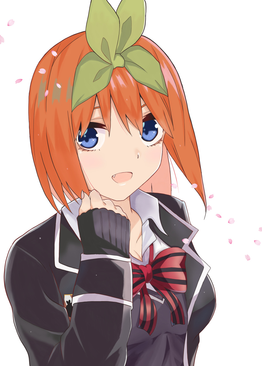 1girl :d absurdres bangs black_jacket blue_eyes bow bow_hairband bowtie brown_hair cherry_blossoms collarbone collared_shirt cosplay fang go-toubun_no_hanayome green_bow green_hairband hair_between_eyes hair_bow hairband highres jacket kouta(34765766) long_sleeves looking_at_viewer nakano_yotsuba open_clothes open_jacket open_mouth red_bow red_bowtie school_uniform shiny shiny_hair shirt short_hair simple_background sleeves_past_wrists smile sobu_high_school_uniform solo striped striped_bow striped_bowtie sweater upper_body white_background wing_collar yahari_ore_no_seishun_lovecome_wa_machigatteiru.