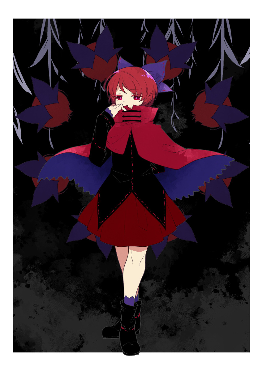 1girl absurdres ayamakinyan_(xianjian) bangs black_footwear black_shirt blue_bow blue_cape blue_legwear border bow cape commentary_request disembodied_head floating_head full_body hair_bow hand_up highres long_sleeves red_cape red_eyes red_hair red_skirt sekibanki shirt shoes short_hair skirt socks solo touhou two-sided_cape two-sided_fabric white_border