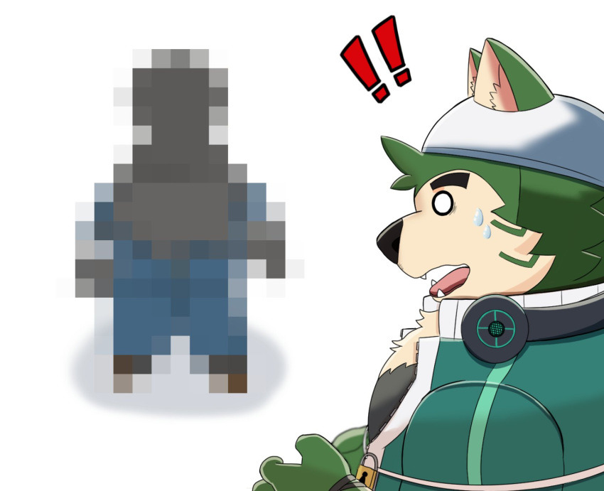 anthro bandanna canid canine canis crossover domestic_dog duo exclamation_point fur green_body green_fur grey_body grey_fur headphones headphones_around_neck hi_res humor inugamihito kerchief lifewonders live-a-hero male mammal mokdai moritaka pixelated tokyo_afterschool_summoners video_games