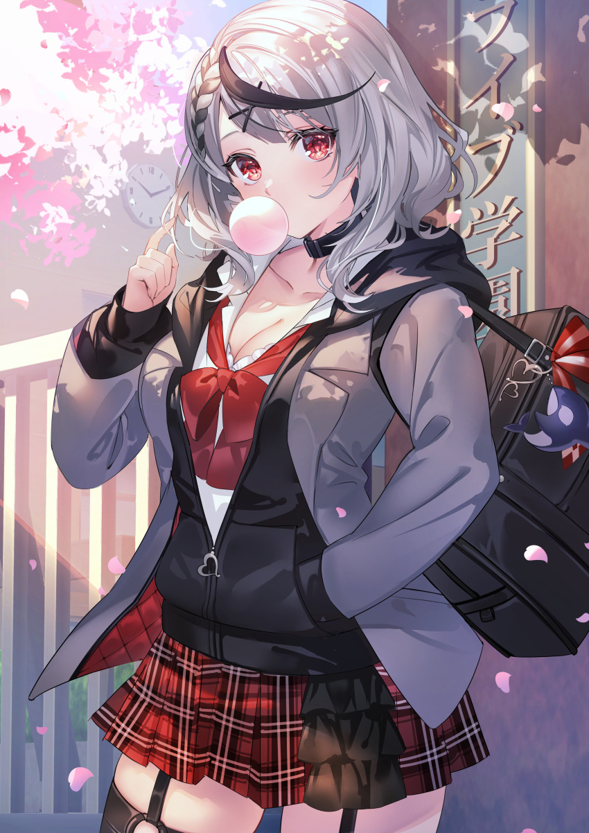 1girl absurdres bag black_collar black_hair black_jacket bow bowtie braid breasts bubble_blowing cherry_blossoms chewing_gum cleavage collar garter_straps grey_jacket hair_ornament hand_in_pocket hand_up highres hololive jacket large_breasts layered_sleeves long_sleeves looking_at_viewer medium_hair multicolored_hair noir_eku outdoors partially_unzipped plaid plaid_skirt pleated_skirt red_bow red_bowtie red_eyes red_skirt sakamata_chloe shirt shoulder_bag silver_hair skirt solo streaked_hair translation_request virtual_youtuber white_shirt x_hair_ornament
