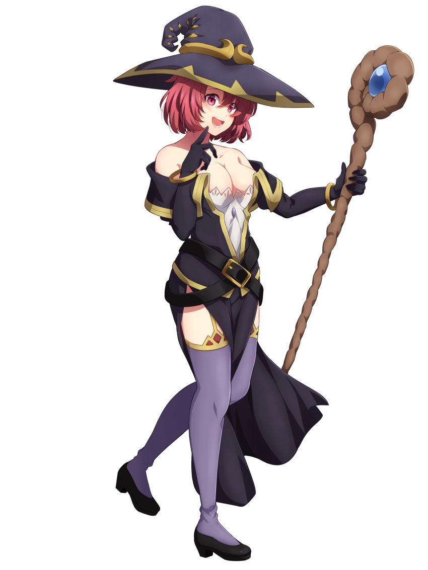 1girl :d absurdres bare_shoulders black_footwear black_gloves black_headwear black_jacket black_skirt bracelet breasts cleavage collarbone cosplay cow_girl_(goblin_slayer!) elbow_gloves full_body garter_straps gloves goblin_slayer! hat highres holding holding_staff jacket jewelry kankitukou large_breasts long_skirt medium_hair off-shoulder_jacket off_shoulder open_clothes open_jacket open_mouth purple_legwear red_eyes red_hair side_slit simple_background skirt smile solo staff thighhighs white_background witch_(goblin_slayer!) witch_(goblin_slayer!)_(cosplay) witch_hat