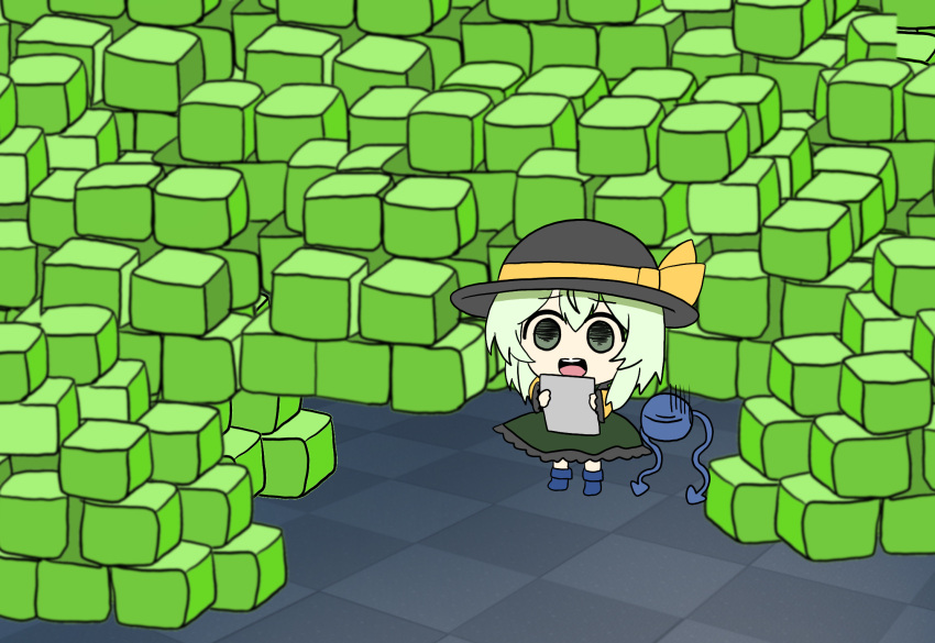 1girl bangs black_headwear blouse blue_footwear boots buttons checkered_floor chibi cube diamond_button eyeball eyebrows_visible_through_hair frilled_sleeves frills furrowed_brow green_eyes green_skirt hair_between_eyes hat hat_ribbon highres holding holding_paper komeiji_koishi light_green_hair long_skirt long_sleeves medium_hair open_mouth paper pile ribbon skirt solo standing third_eye touhou washiwa wavy_hair wide_shot wide_sleeves yellow_blouse yellow_ribbon