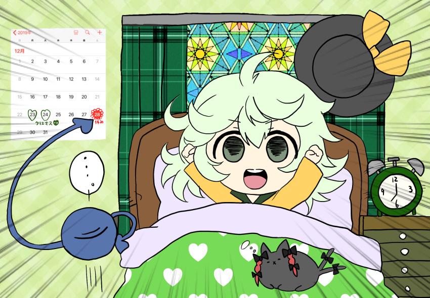 ... 1girl 2019 :x alarm_clock arms_up bangs black_bow black_cat black_headwear blanket blouse bow braid calendar_(object) cat clenched_hands clock closed_eyes collared_blouse curtains drawer ear_bow eyeball eyebrows_visible_through_hair green_curtains green_eyes hair_between_eyes hat hat_removed hat_ribbon headwear_removed heart heart_print highres kaenbyou_rin kaenbyou_rin_(cat) komeiji_koishi light_green_hair long_sleeves looking_at_viewer medium_hair messy_hair open_mouth pillow plaid_curtains red_hair ribbon smile solo spoken_ellipsis stained_glass tail tail_bow tail_ornament teeth third_eye touhou twin_braids under_covers upper_teeth v-shaped_eyebrows washiwa wavy_hair wide_sleeves window yellow_blouse yellow_ribbon